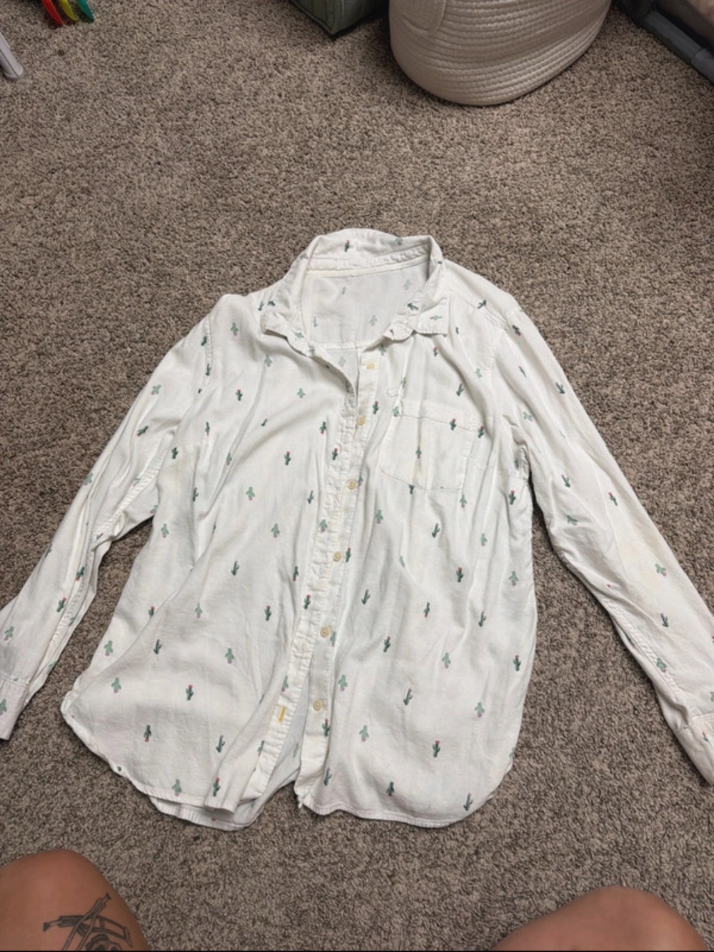 Women’s White Button-Up Shirt with Green Cactus Print